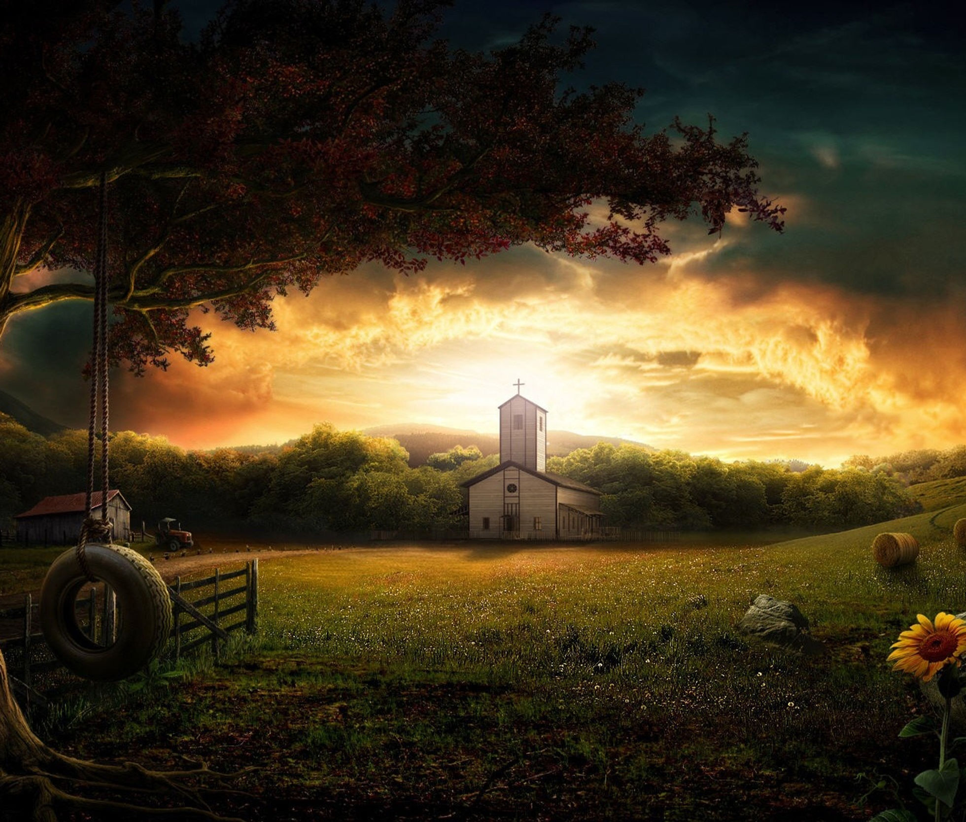 A country church beneath a dawn sky